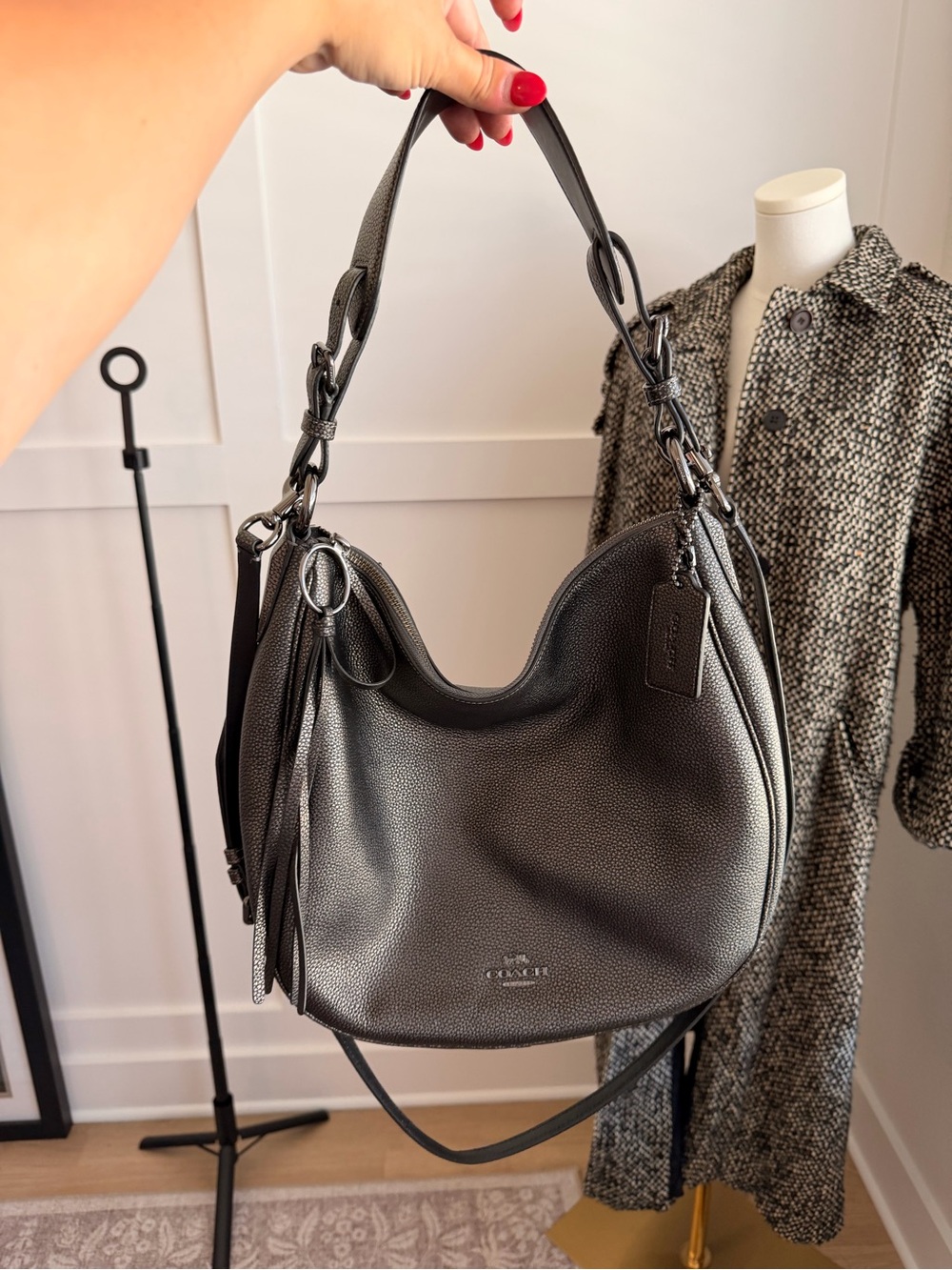 Coach Pebbled Leather Hobo Bag in Charcoal